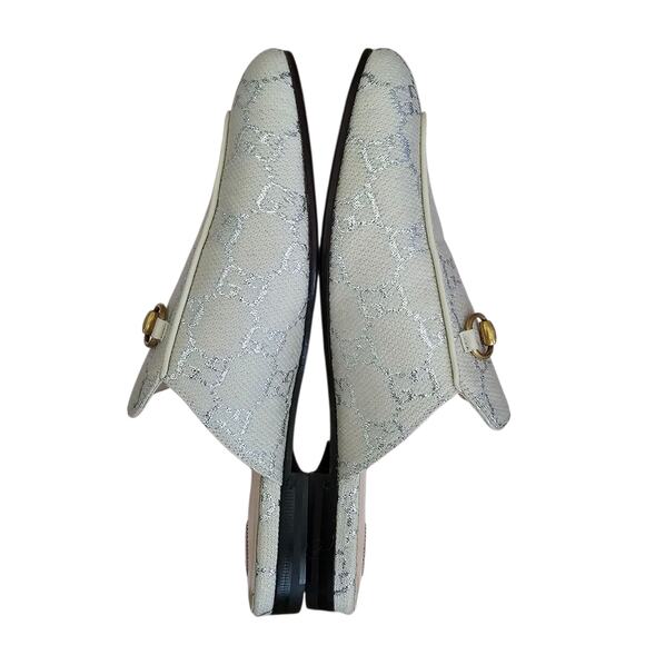 Gucci GG Princetown Horsebit Flat Mule Slipper Canvas White Silver Size 37 US 7 - Picture 5 of 12
